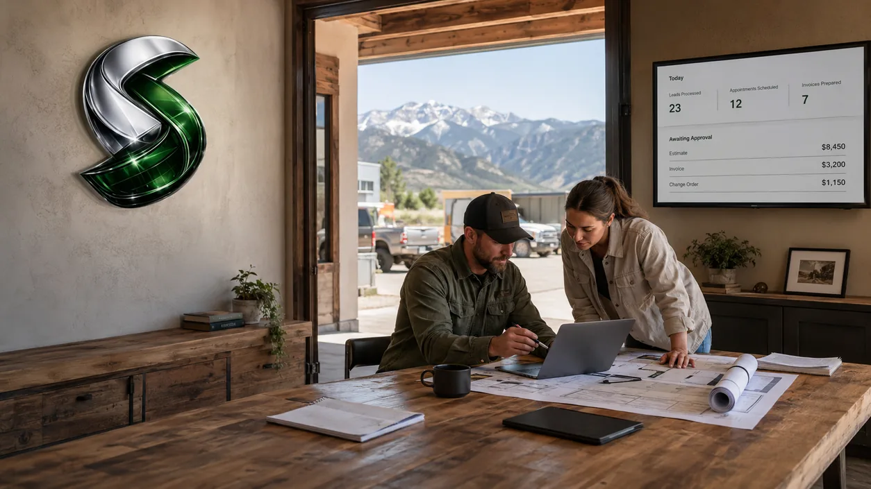 Two people reviewing plans on a laptop at the Solid Site Studios worktable, Utah mountains through the open bay door, and a wall screen showing the day’s work with three items awaiting approval