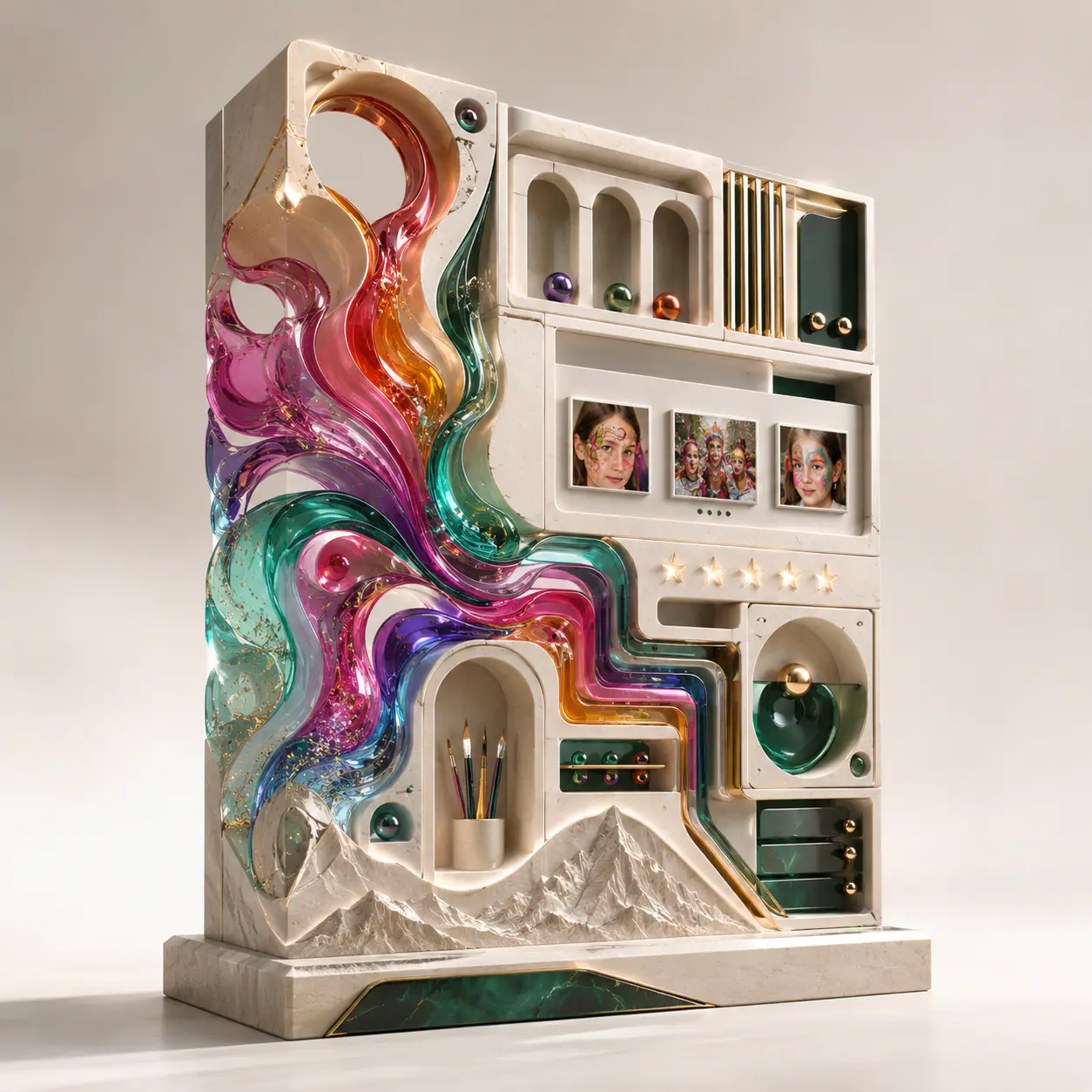 Caso web de Colory Faces representado como una experiencia digital premium y colorida