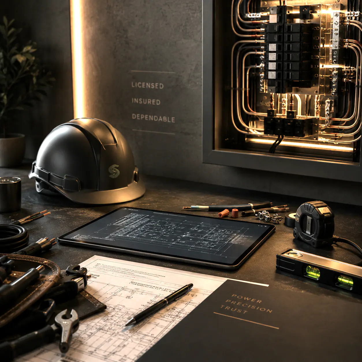 An illuminated electrical panel above a bench holding a hard hat, a level, hand tools, and a tablet showing a wiring schematic