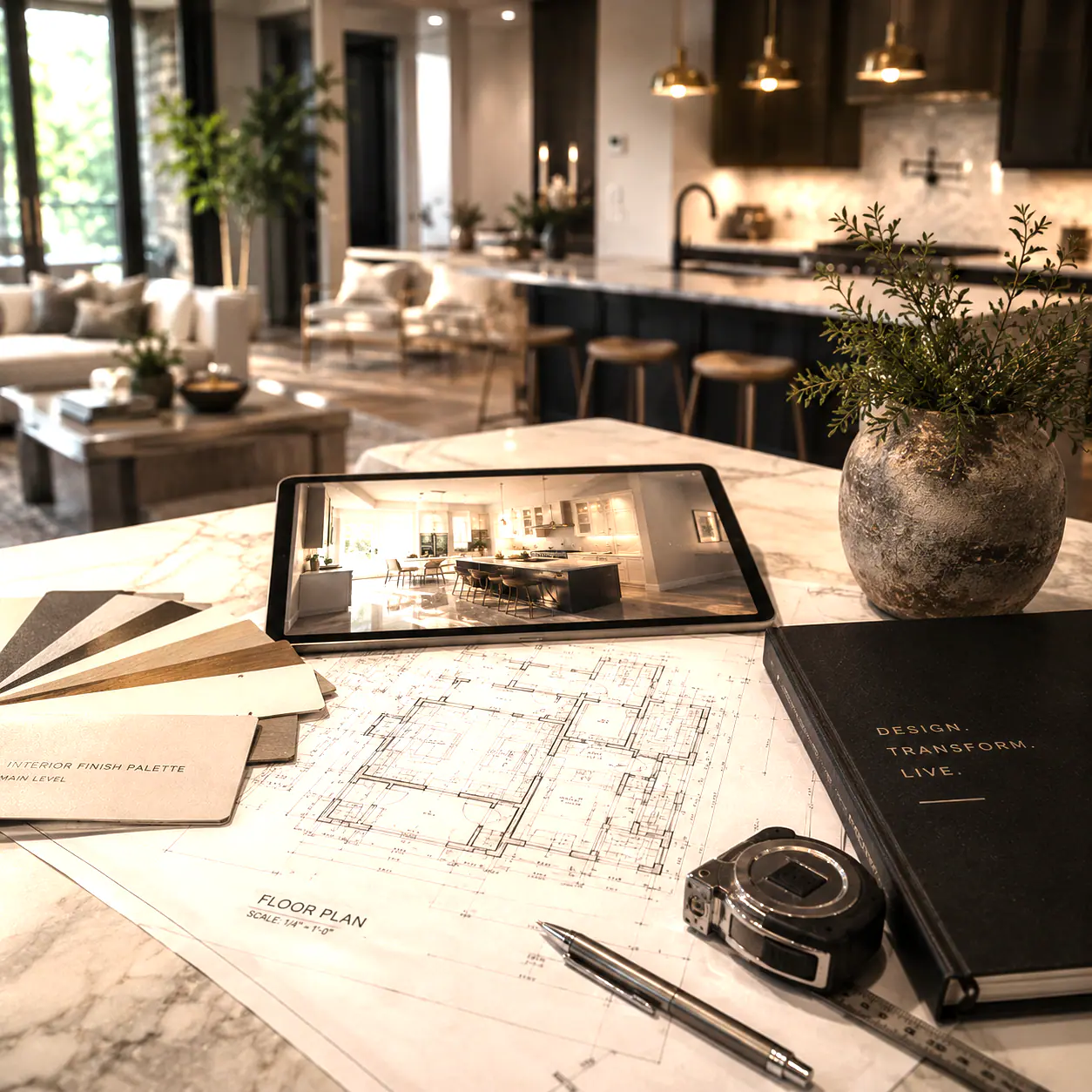 Una cocina y sala terminadas detrás de un mostrador con un plano, una paleta de materiales y una tableta que muestra el render