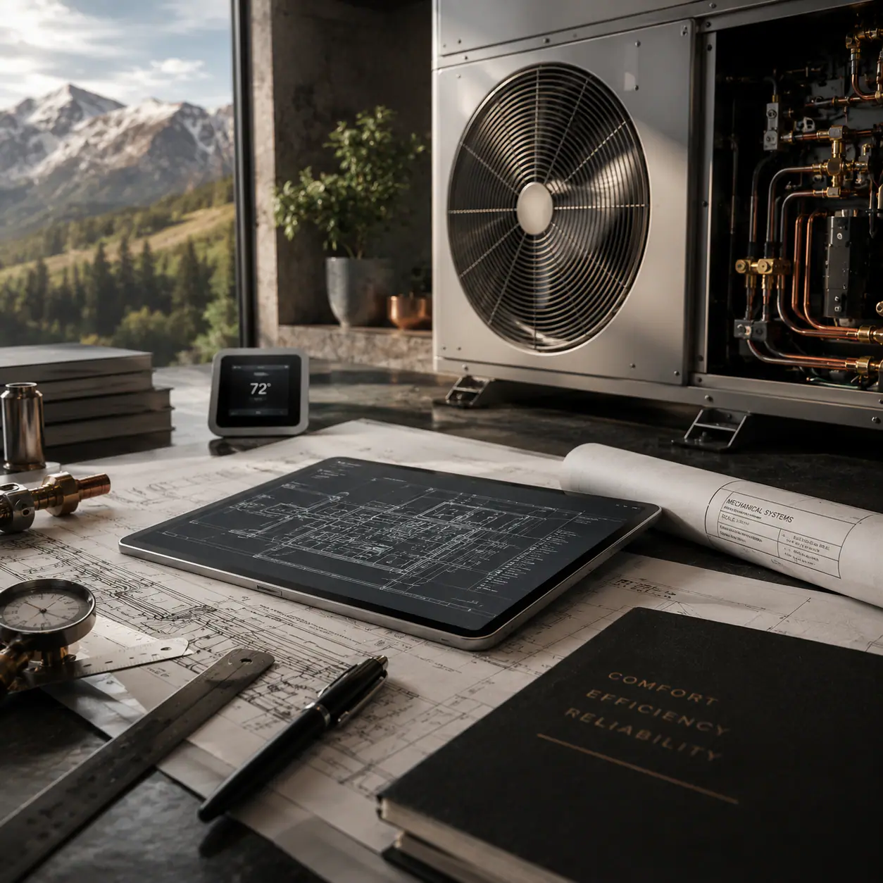A heat pump unit and a smart thermostat beside rolled ductwork drawings and drafting tools, mountains through the window