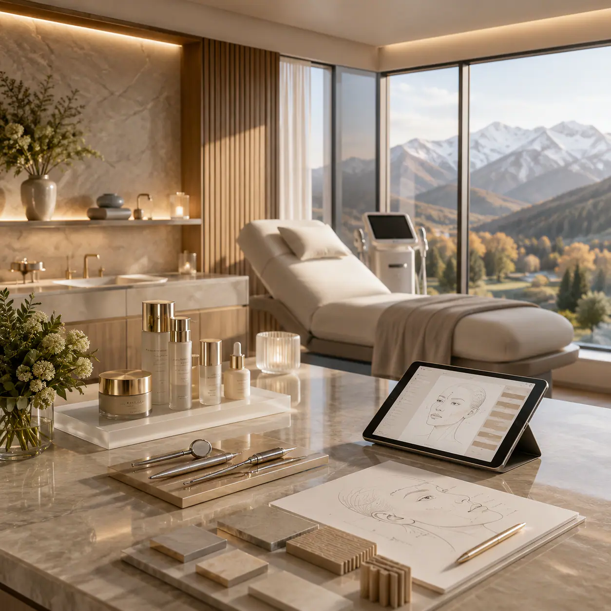 Una sala de tratamiento con un mostrador de mármol con productos para la piel y una tableta que muestra un diagrama de tratamiento, con montañas por la ventana