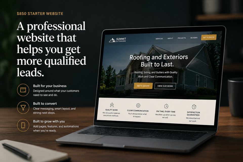 Laptop showing a polished starter website concept for a local service business
