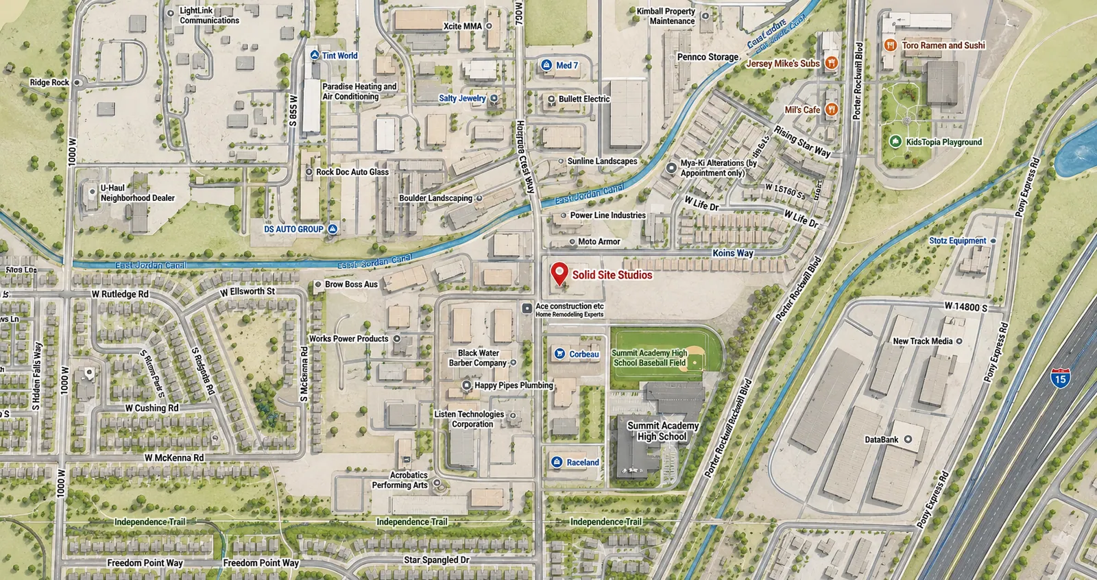 Street map of Bluffdale, Utah with the Solid Site Studios location marked on Heritage Crest Way