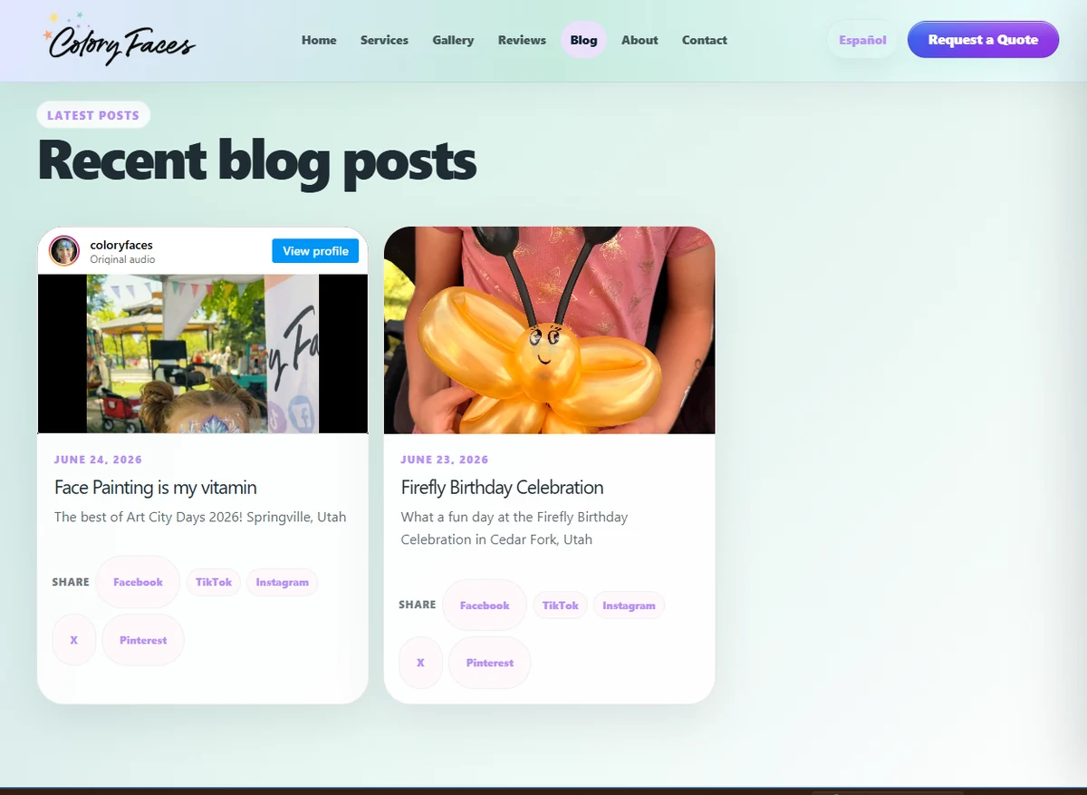 Captured Colory Faces blog page showing recent posts and social sharing buttons