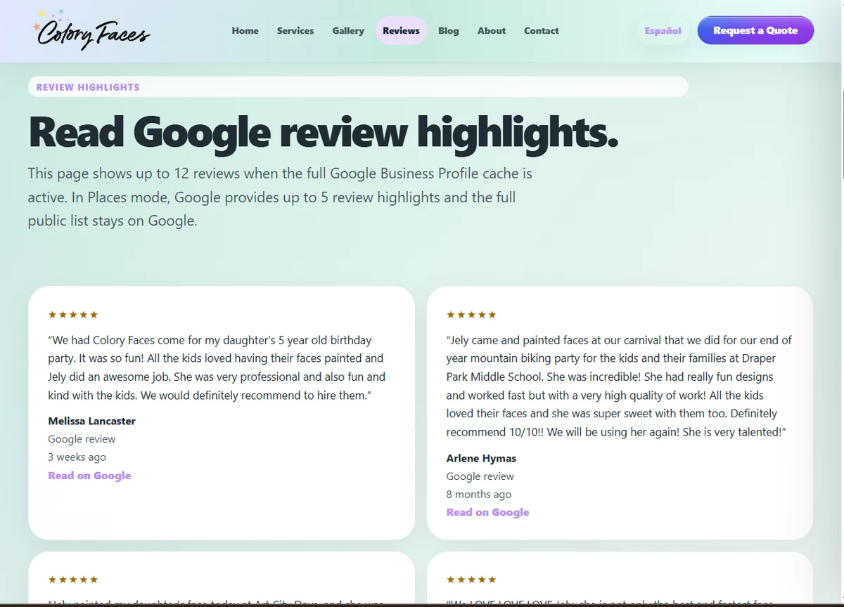 Captured Colory Faces review highlights section with real Google review cards