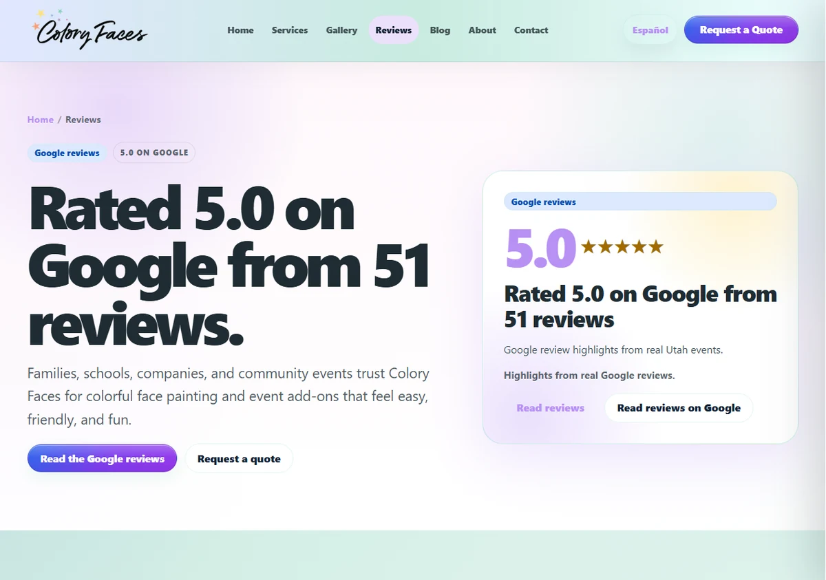 Captured Colory Faces Google reviews page hero showing a 5.0 rating from 51 reviews