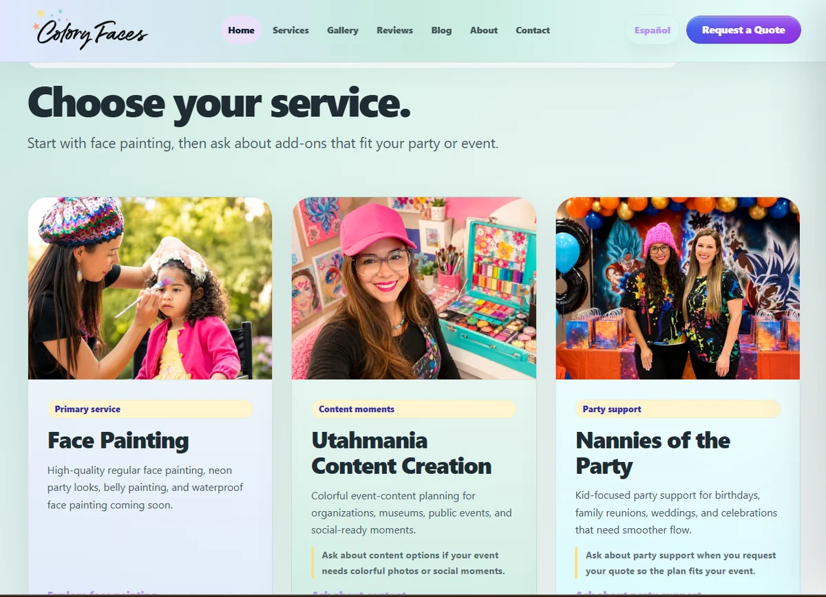 Captured Colory Faces services section showing face painting, content creation, and party support cards