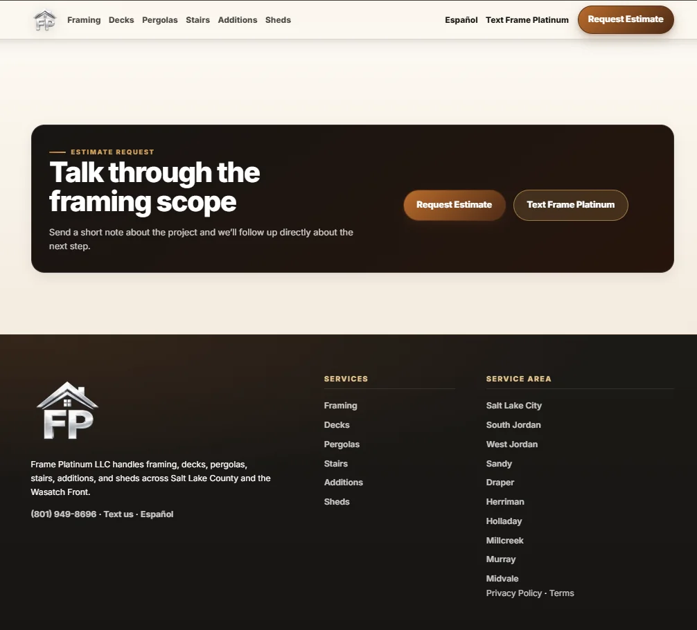 Captured Frame Platinum bottom call-to-action and footer interface