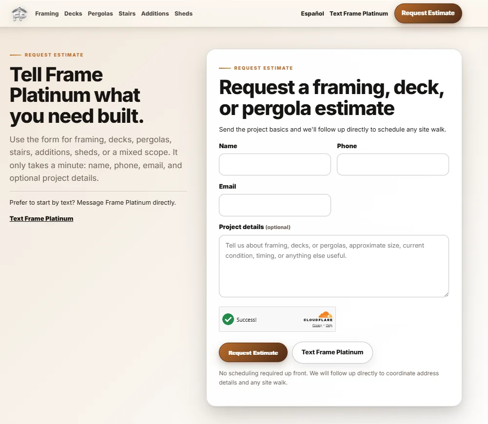 Captured Frame Platinum estimate request form interface