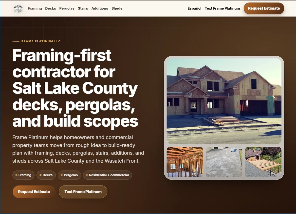 Captured Frame Platinum homepage showing the framing-first contractor website hero and project photos