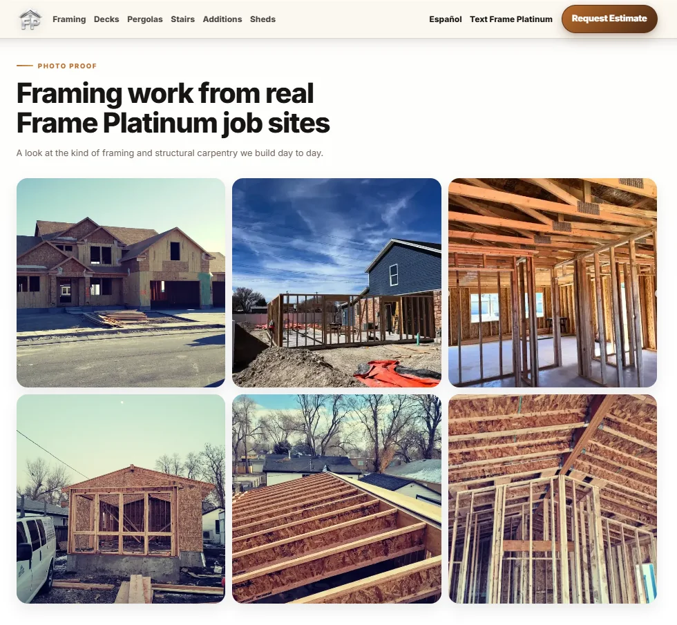 Captured Frame Platinum photo proof section with real job-site images