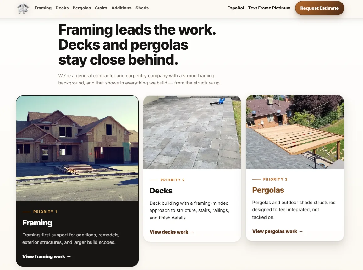 Captured Frame Platinum service priority section showing framing, decks, and pergolas