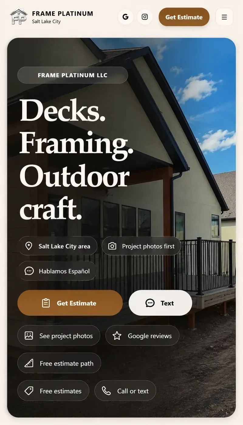 Captured Frame Platinum mobile homepage interface