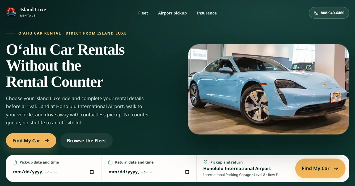 Island Luxe Rentals homepage, showing a car and a pick-up date form