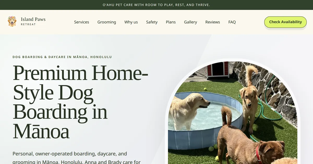 Island Paws Retreat homepage, showing dogs playing around a garden pool