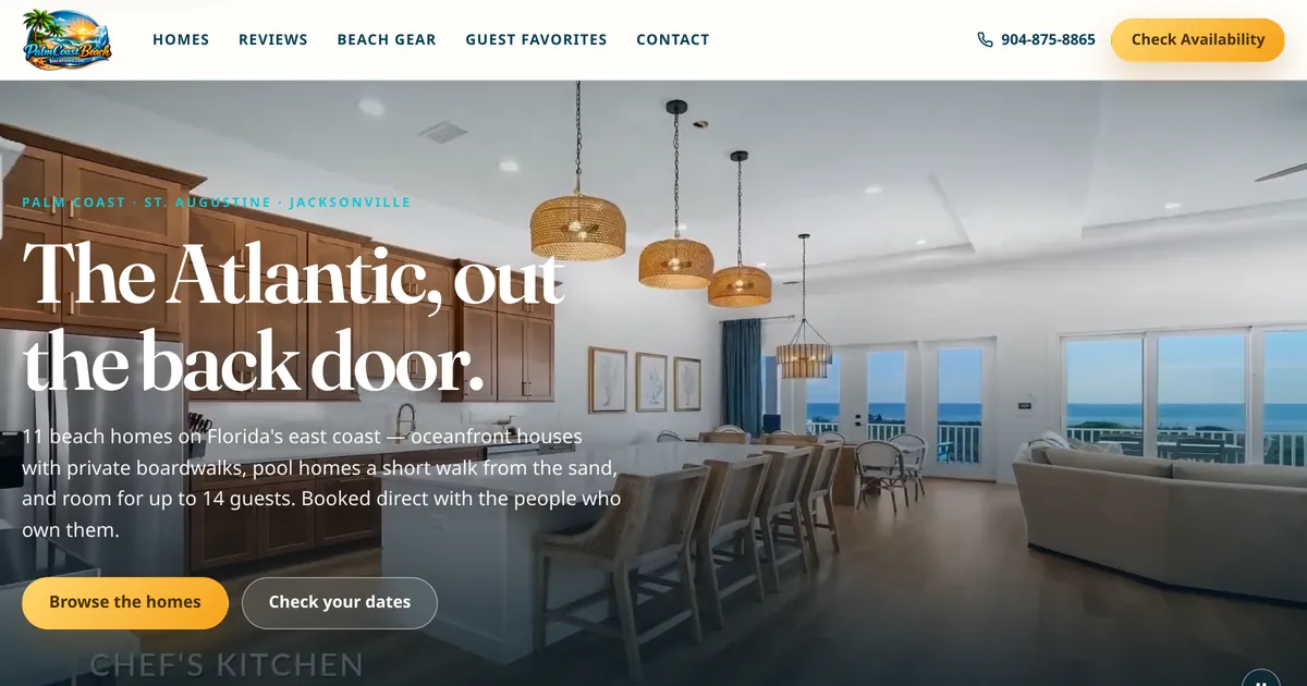 Palm Coast Beach Vacations homepage, showing an oceanfront kitchen and living room