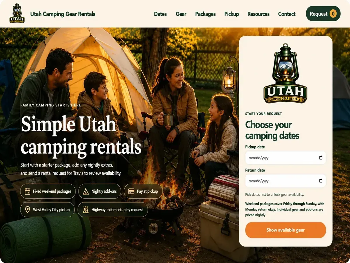 Captured Utah Camping Gear Rentals interface from the live rental website