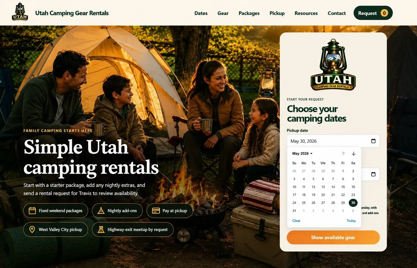 Captured Utah Camping Gear Rentals date and availability interface