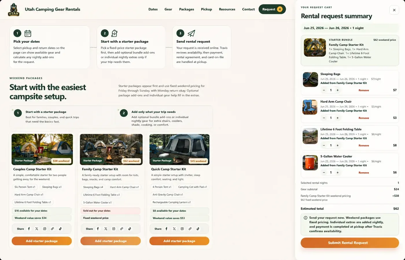 Captured Utah Camping Gear Rentals cart and reservation summary interface
