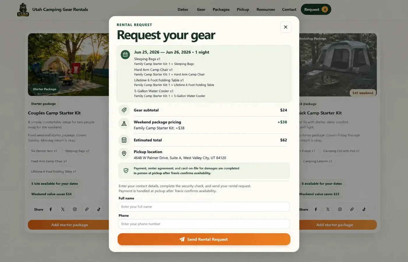 Captured Utah Camping Gear Rentals rental request confirmation interface