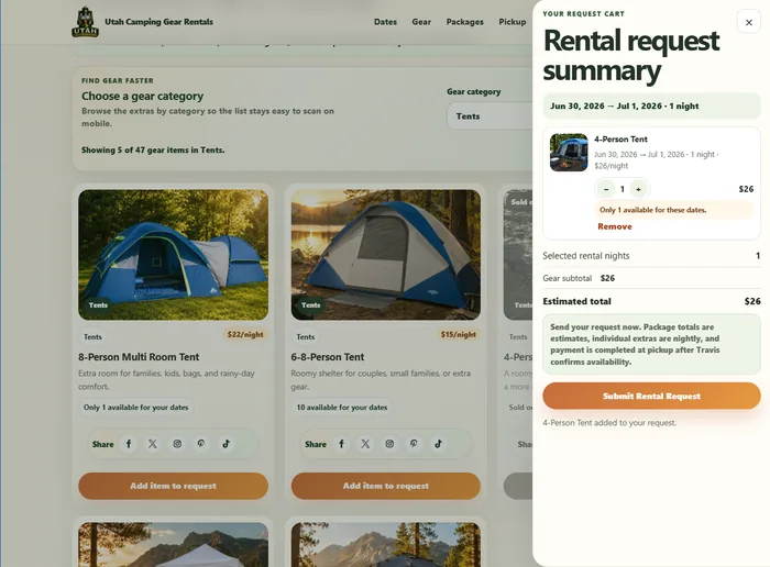 Captured Utah Camping Gear Rentals rental request cart summary interface