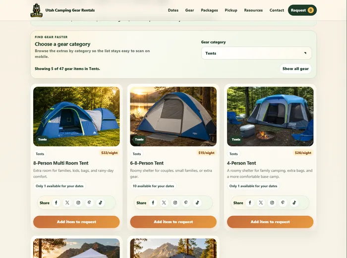 Captured Utah Camping Gear Rentals gear catalog and category filter interface