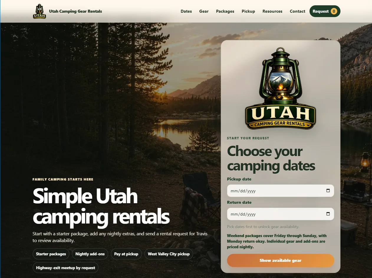 Captured Utah Camping Gear Rentals homepage showing the date-first rental request and camping gear path
