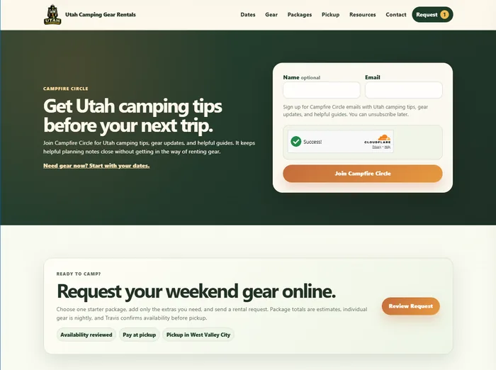 Captured Utah Camping Gear Rentals email signup and rental request call-to-action section