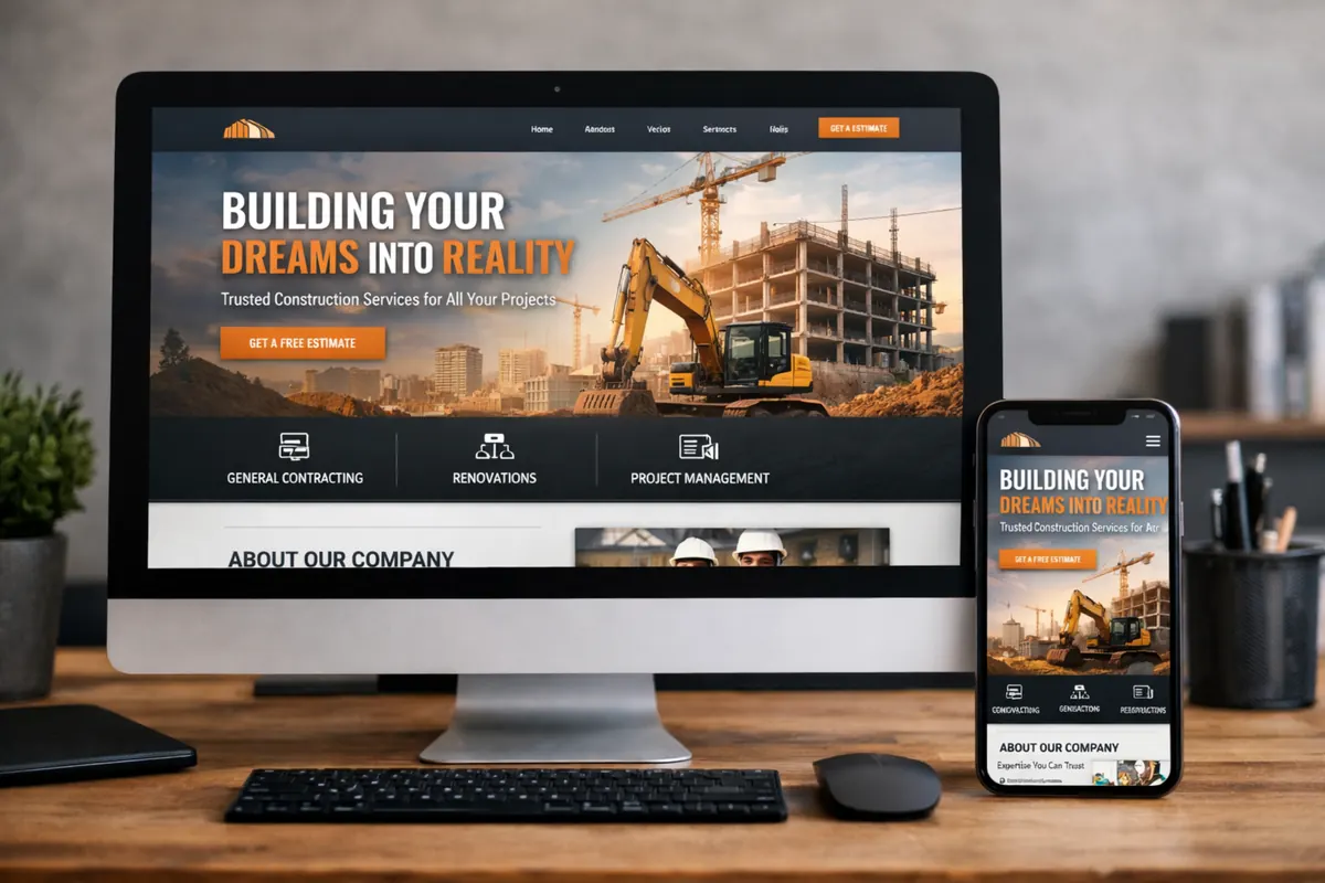 Contractor website example with an excavator jobsite hero and dark service strip
