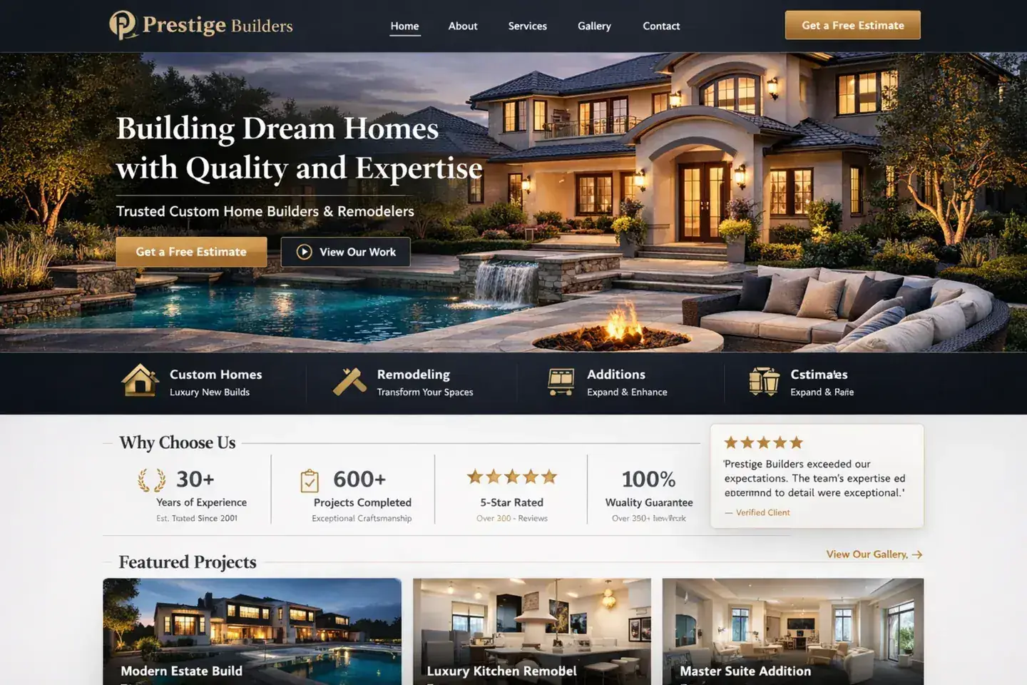 Contractor website example with a luxury-home hero and strong proof sections