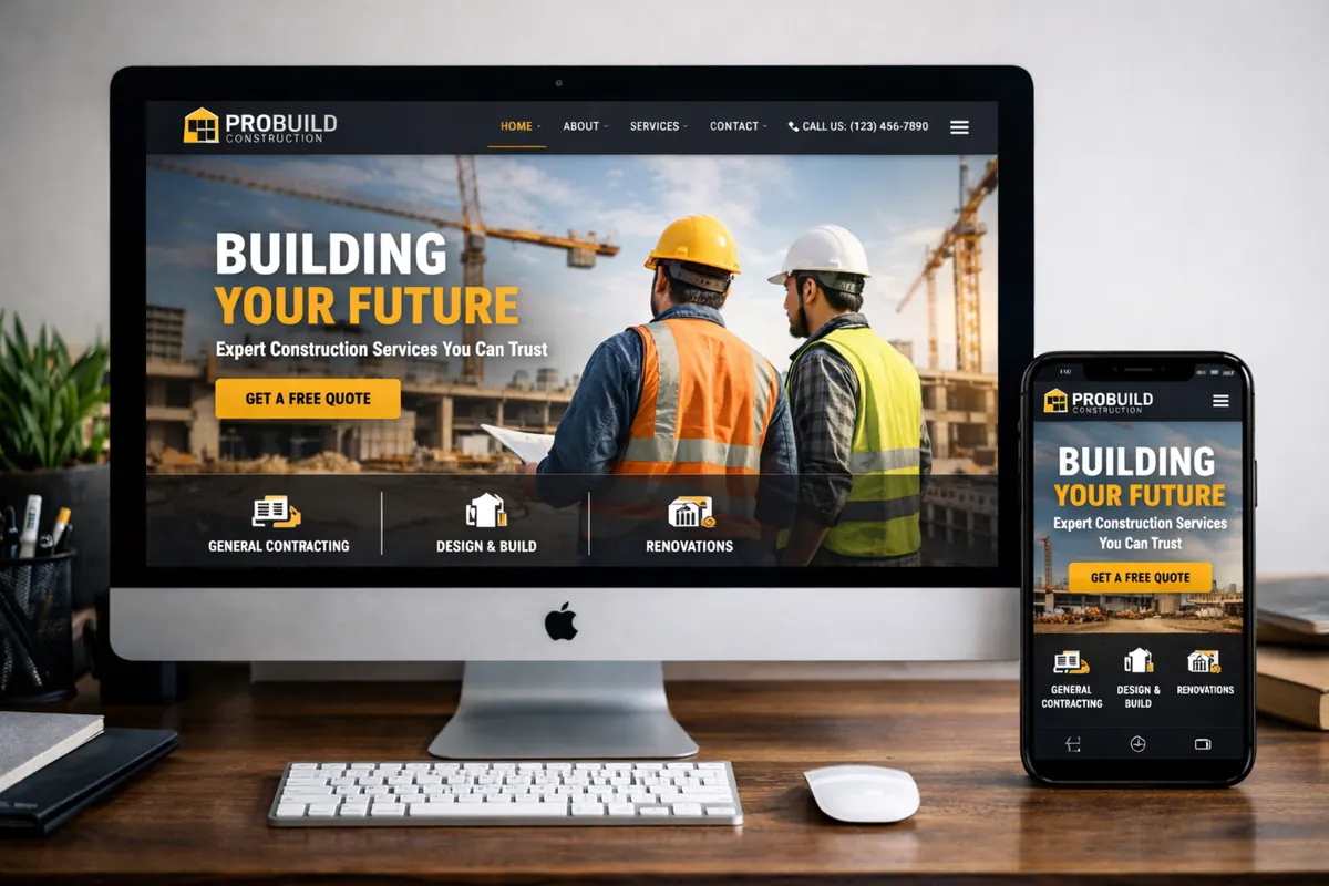 Contractor website example with a construction crew hero and bold yellow call to action