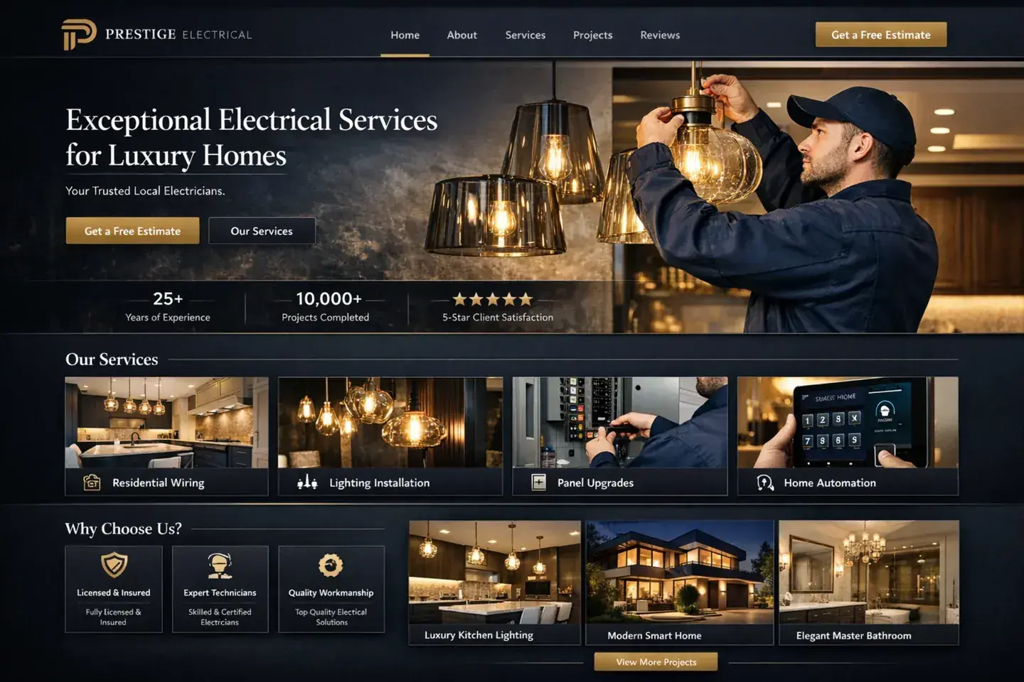 Electrician website example with dark luxury service branding and pendant-light hero