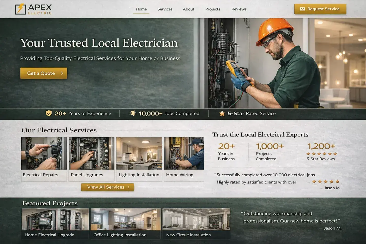 Electrician website example with a light modern service layout and orange hard-hat hero