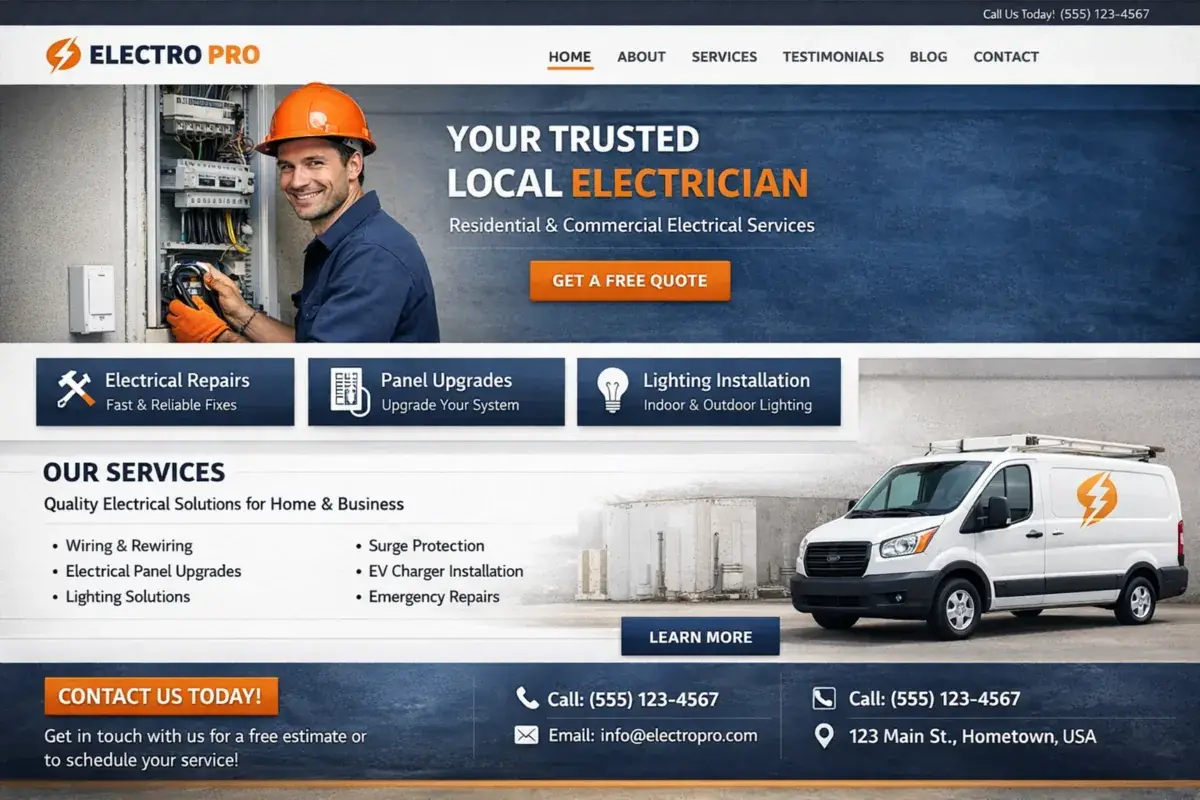 Electrician website example with strong blue contrast and clean service structure
