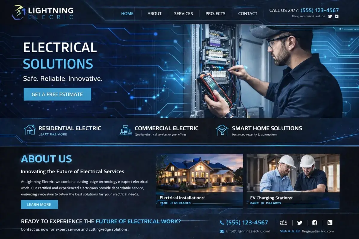 Electrician website example with bold lead-focused structure