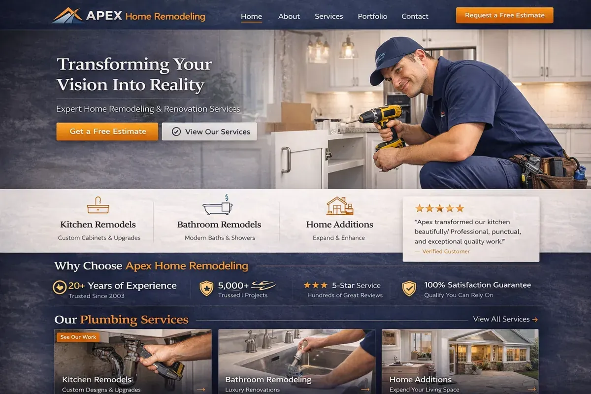 Home remodeling website example with a polished cabinet-installation hero
