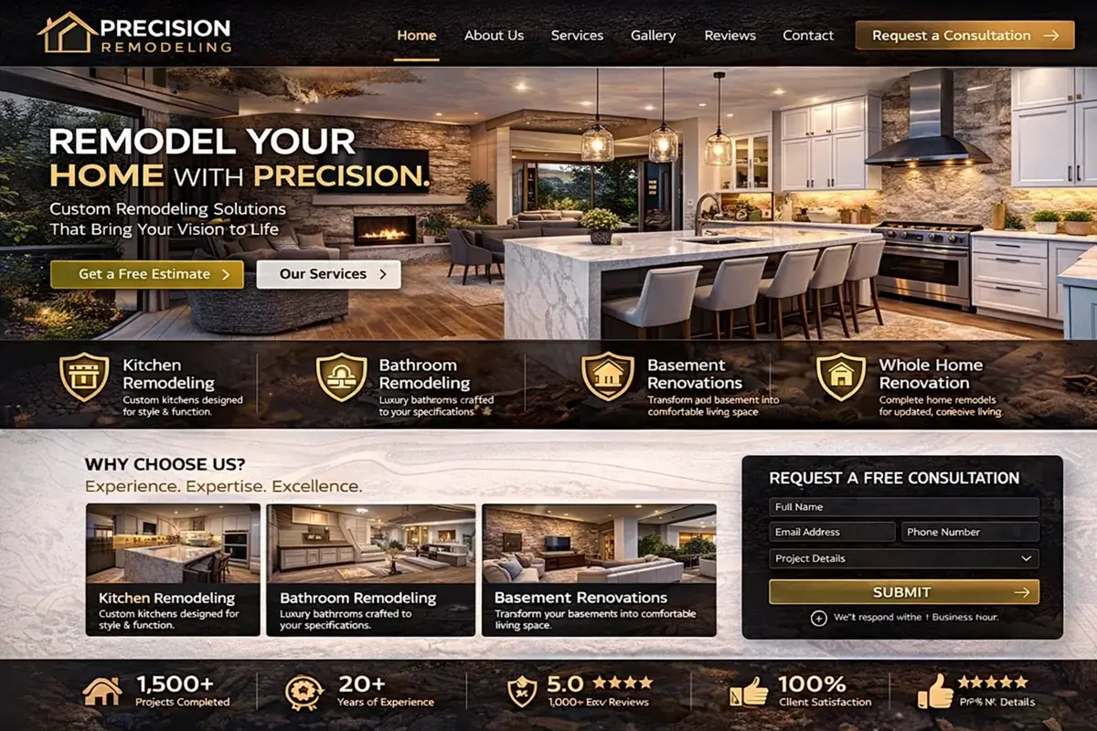 Home remodeling website example with a warm kitchen hero