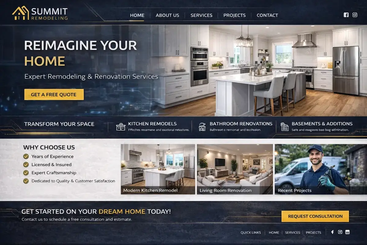 Home remodeling website example with a bright modern kitchen hero