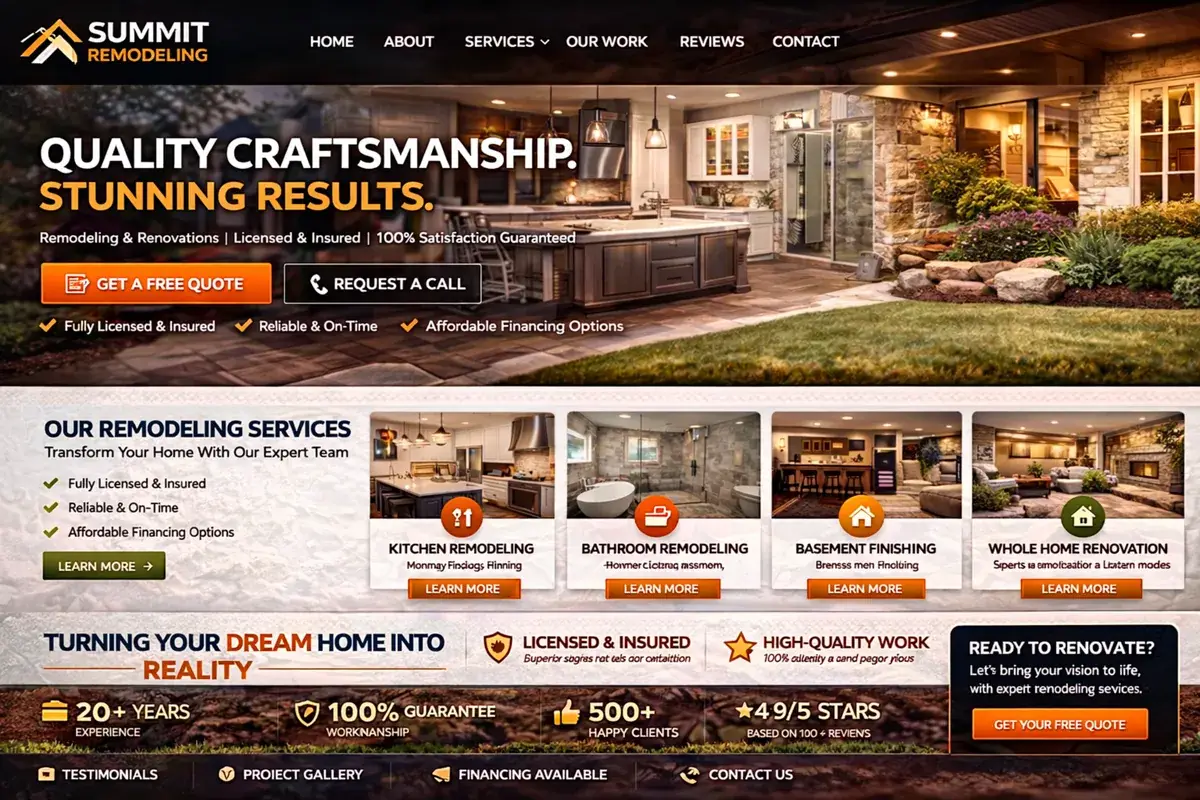 Home remodeling website example with a bold orange hero
