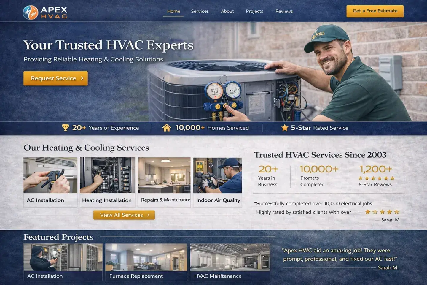 HVAC website example with a blue service layout and outdoor AC repair hero
