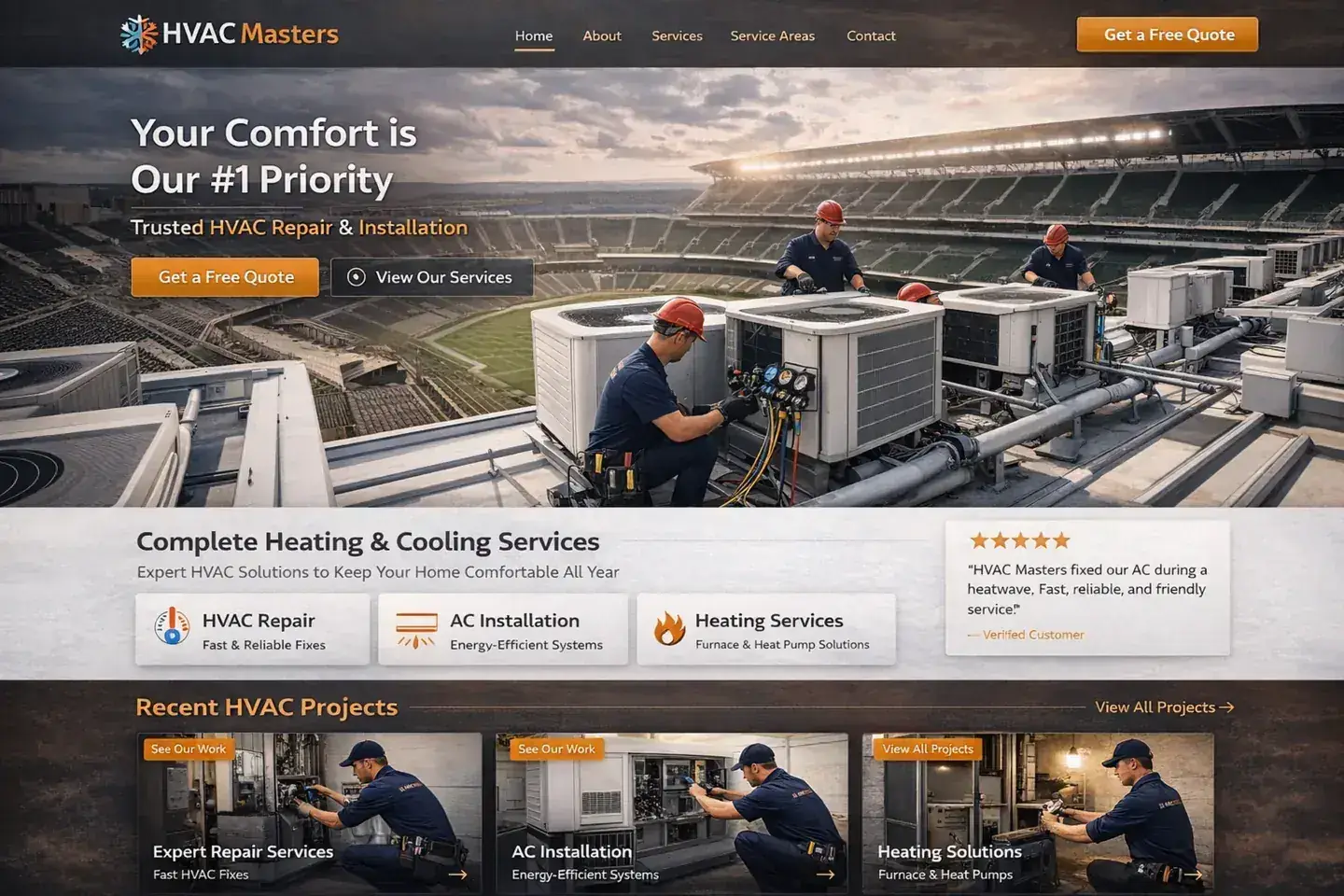 HVAC website example with a stadium rooftop commercial-service hero
