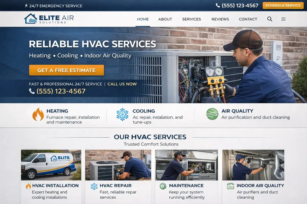 HVAC website example with a service-driven hero