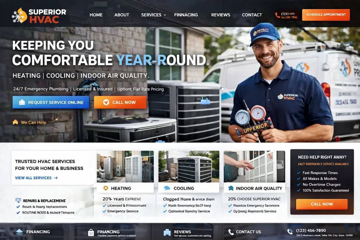 HVAC website example with warm trust and call-to-action structure