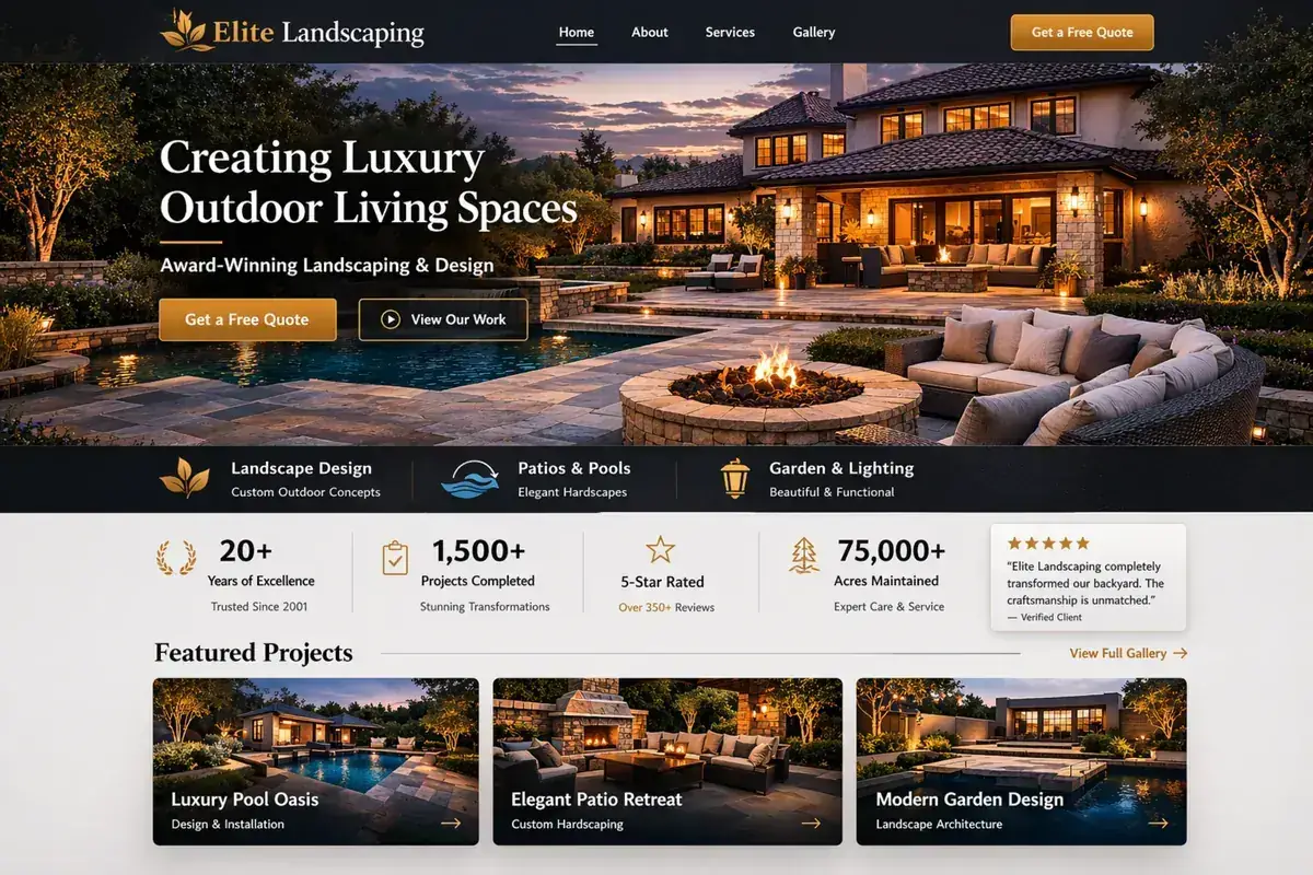 Landscaping website example with a luxury outdoor-living pool hero