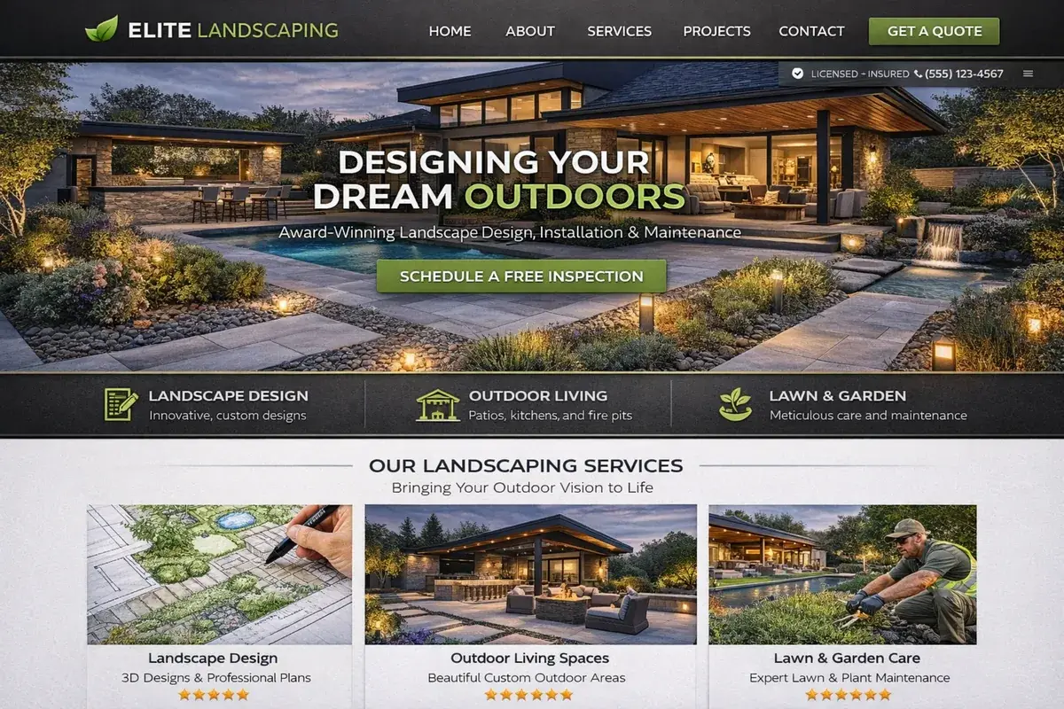 Landscaping website example with an upscale outdoor design hero