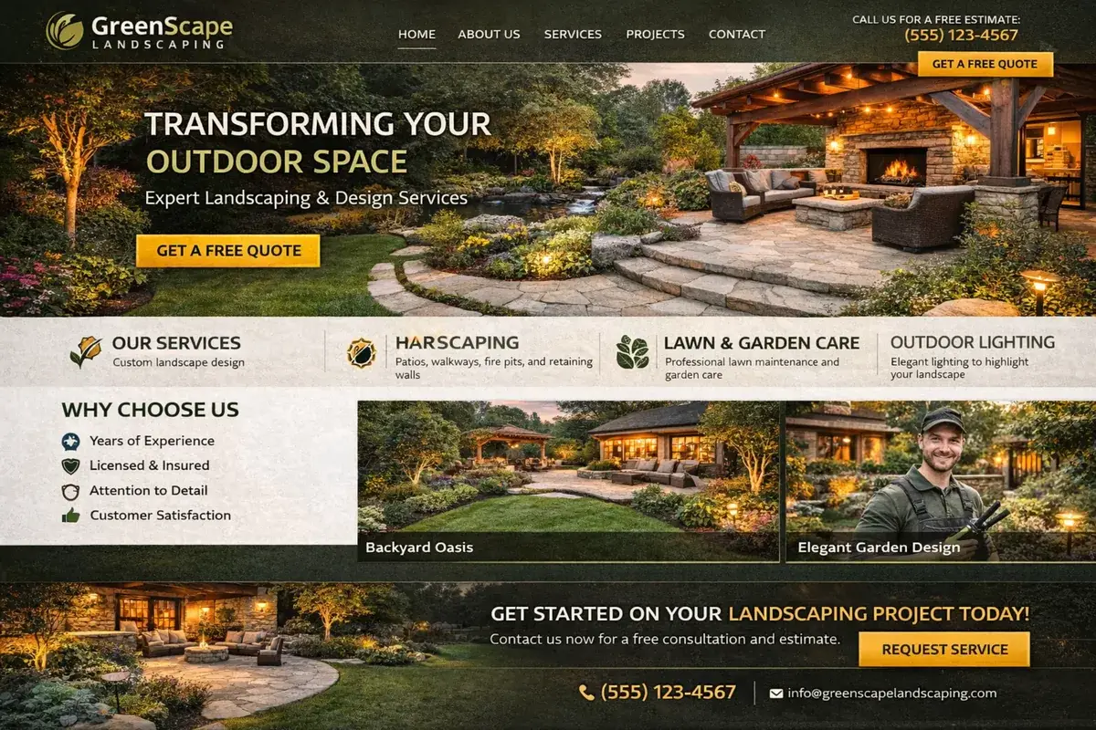 Landscaping website example with a warm outdoor living hero