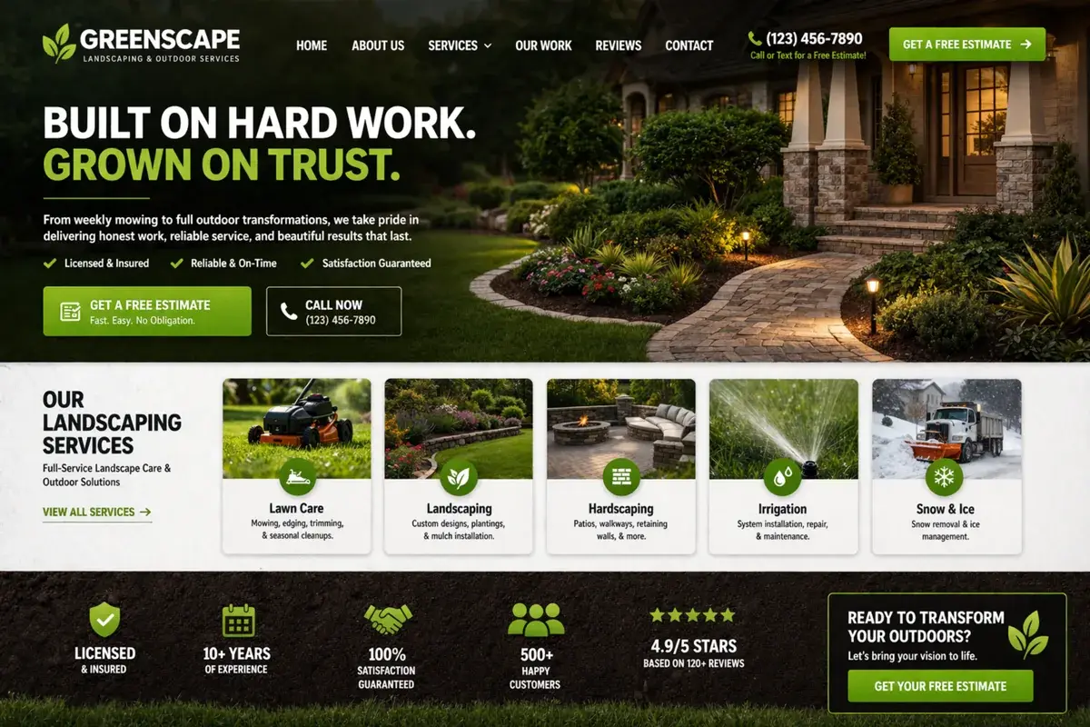 Landscaping website example with a trust-focused green service layout