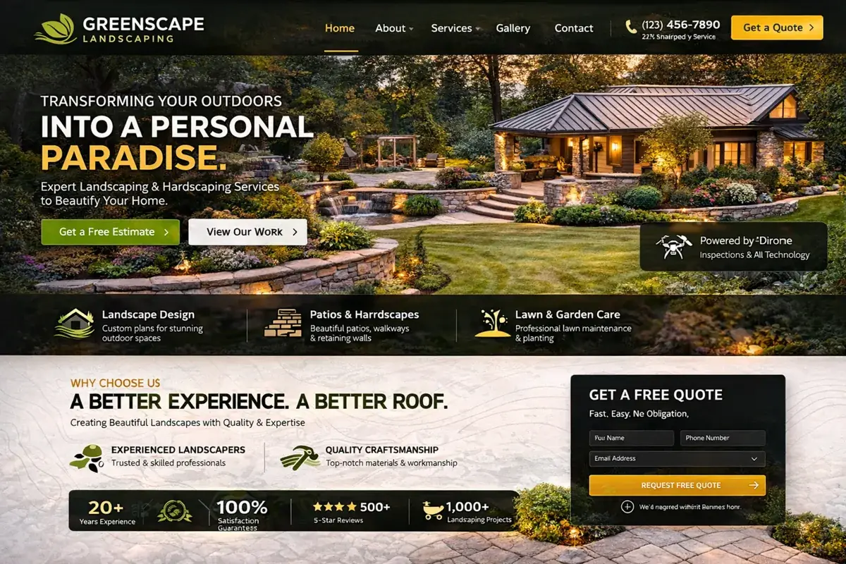 Landscaping website example with a bold backyard transformation hero