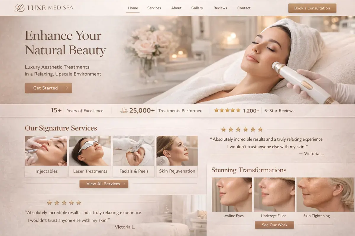Med spa website example with a soft luxury treatment hero and bright consultation layout